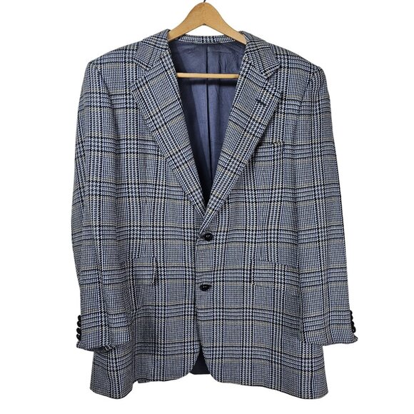 VTG 70s Chester Barrie Houndstooth Cashmere Blazer Sz 42S Blue Gray Quiet Luxury - Picture 1 of 16